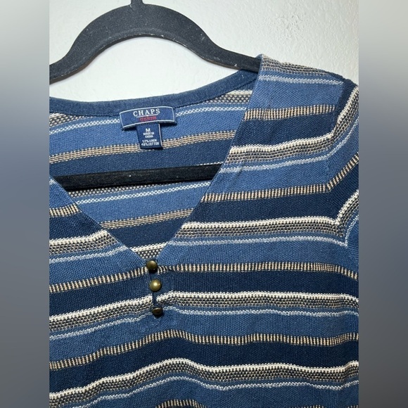 Chaps Blue and White Striped Linen Blend Short Sleeve T-Shirt - Picture 2 of 3